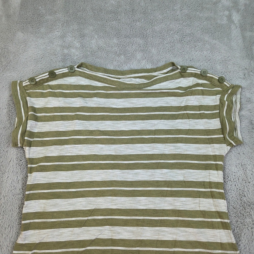 Talbots Striped Boat Neck Top Womens Sz M Button Shoulder Cotton Modal Olive Grn